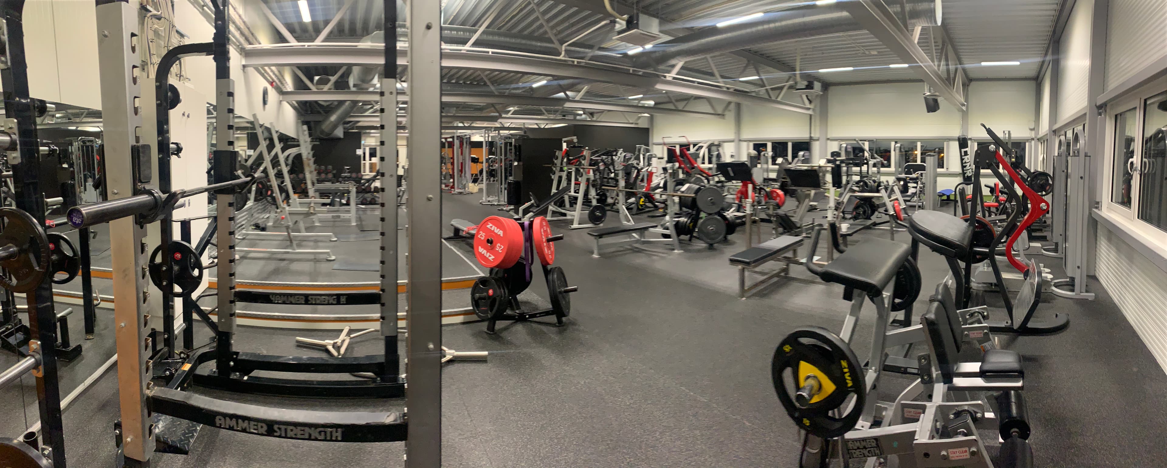 Oversikt over styrkestudioet med racks, benker og maskiner